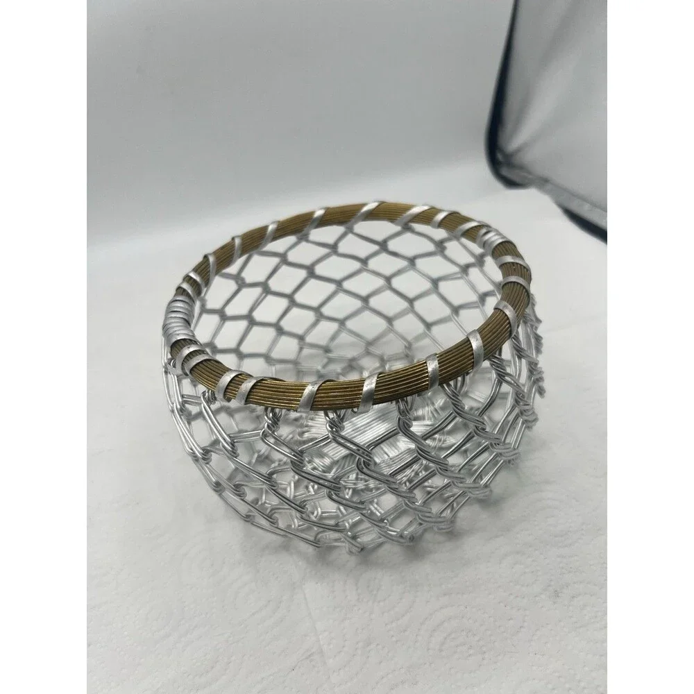 Vintage Brutalist WireBasket Woven Aluminum & Brass Mid-Century MCM Bowl 6.5